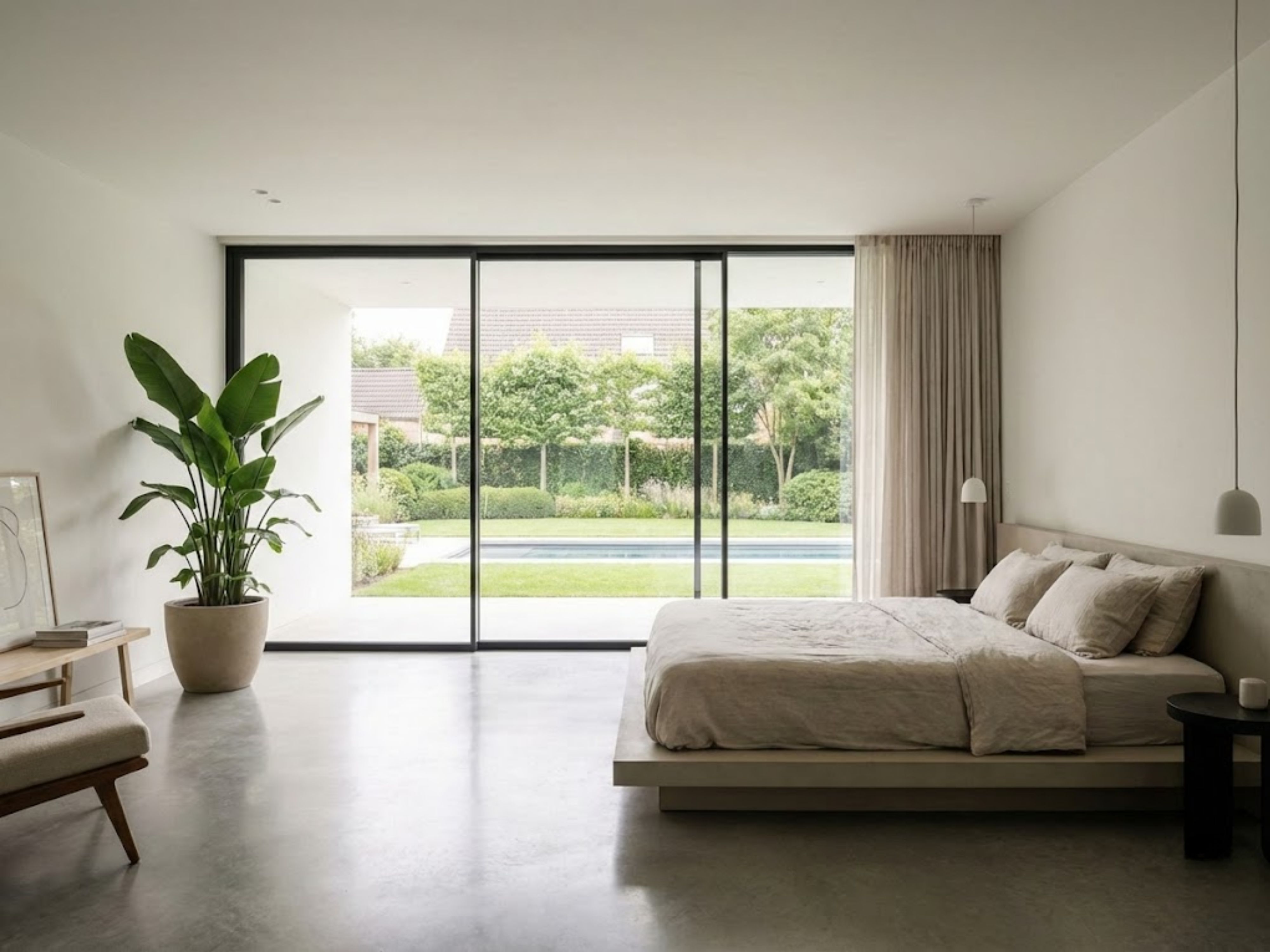 Modern bedroom with glass doors and indoor plant - Beautiful Homes