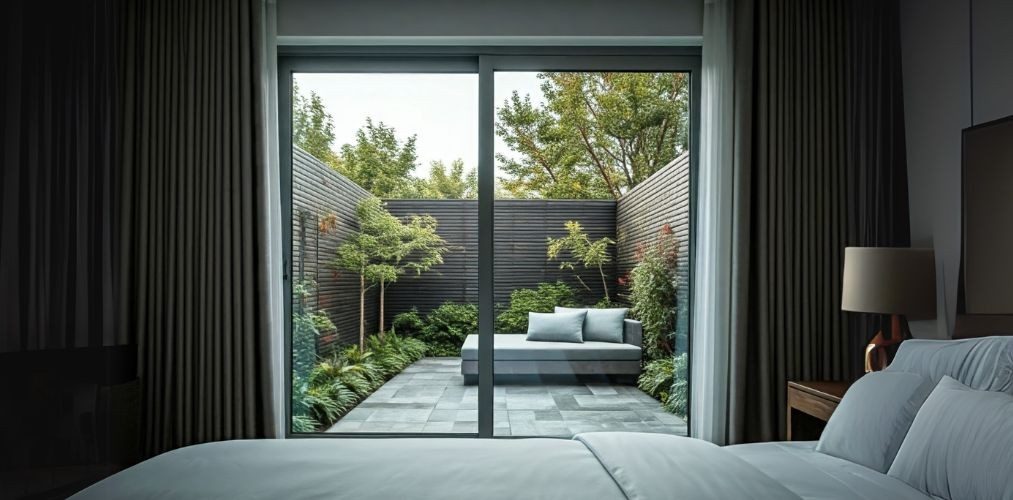 Sliding glass window with grey aluminium frame in bedroom - Beautiful Homes