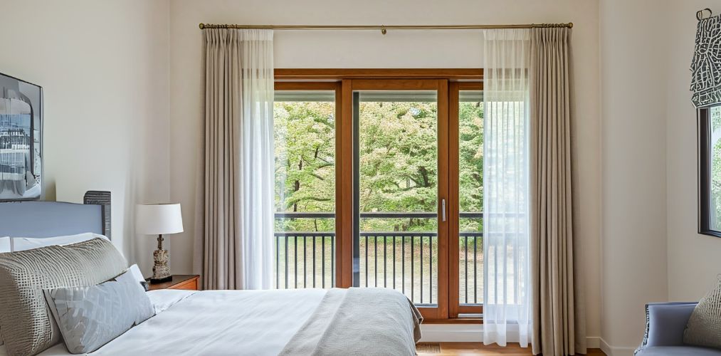 Sliding glass window with wooden frame in bedroom - Beautiful Homes