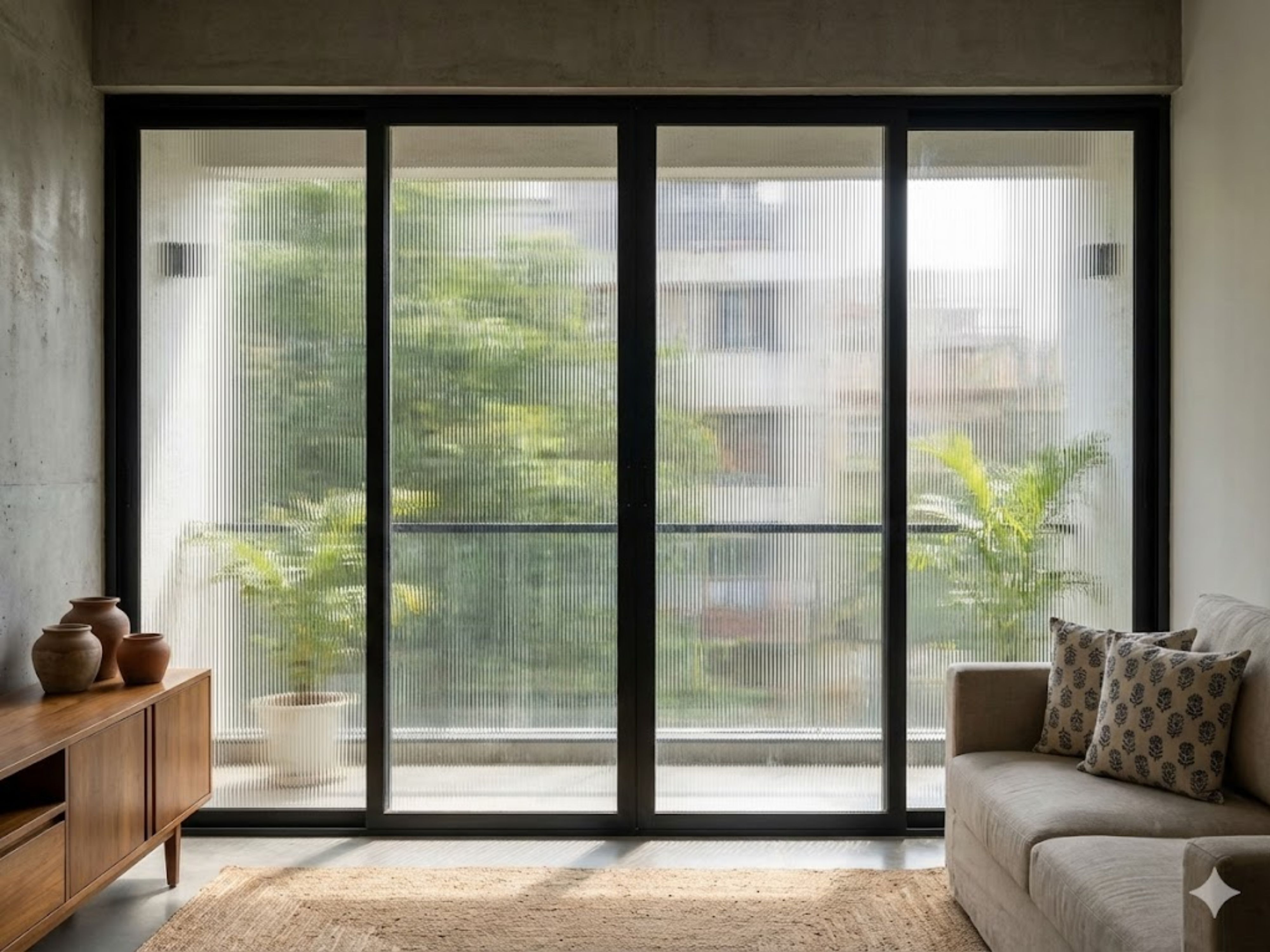 Modern balcony with textured glass doors and greenery - Beautiful Homes