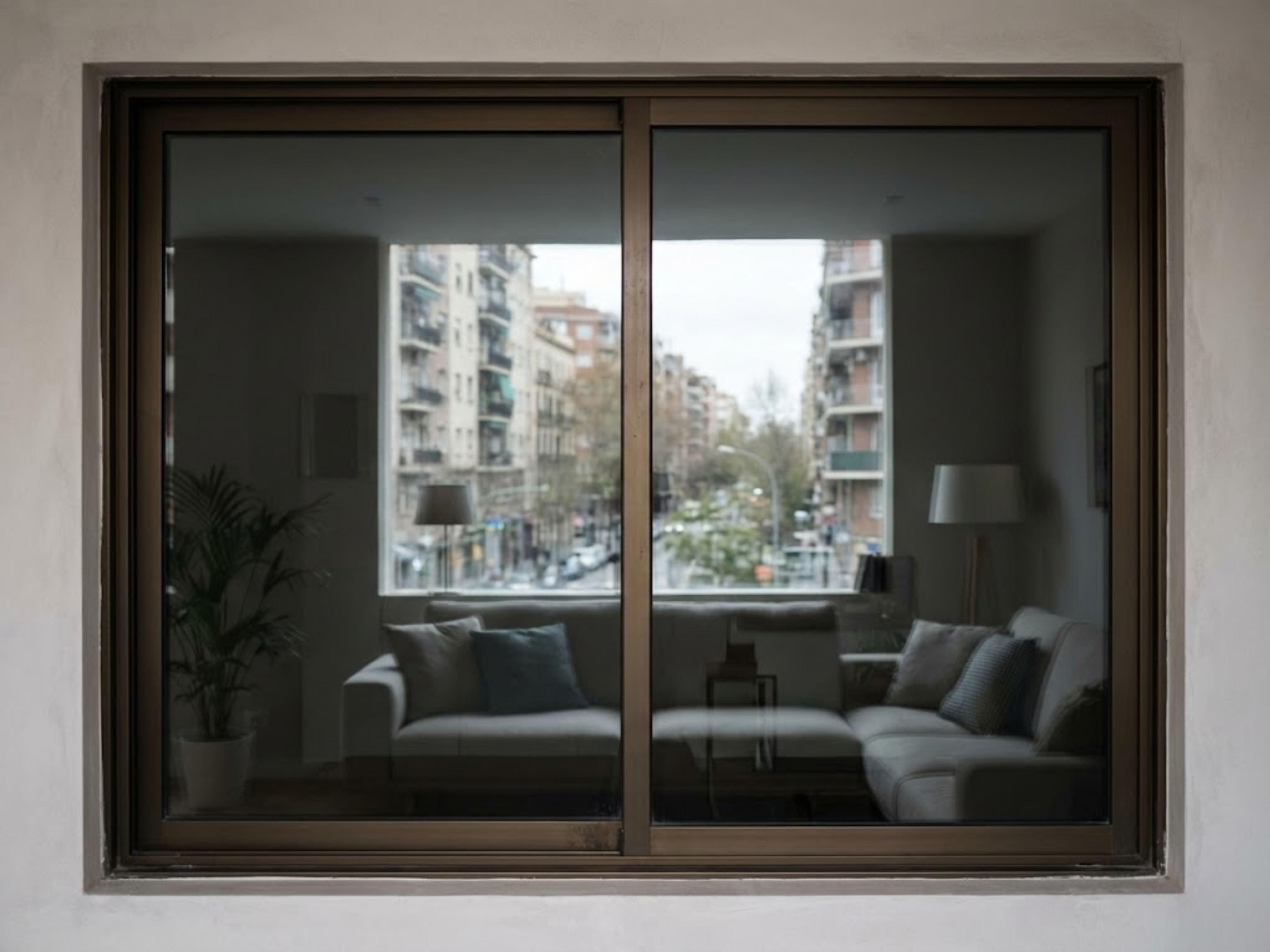 Modern living room with glass window and white sofa - Beautiful Homes