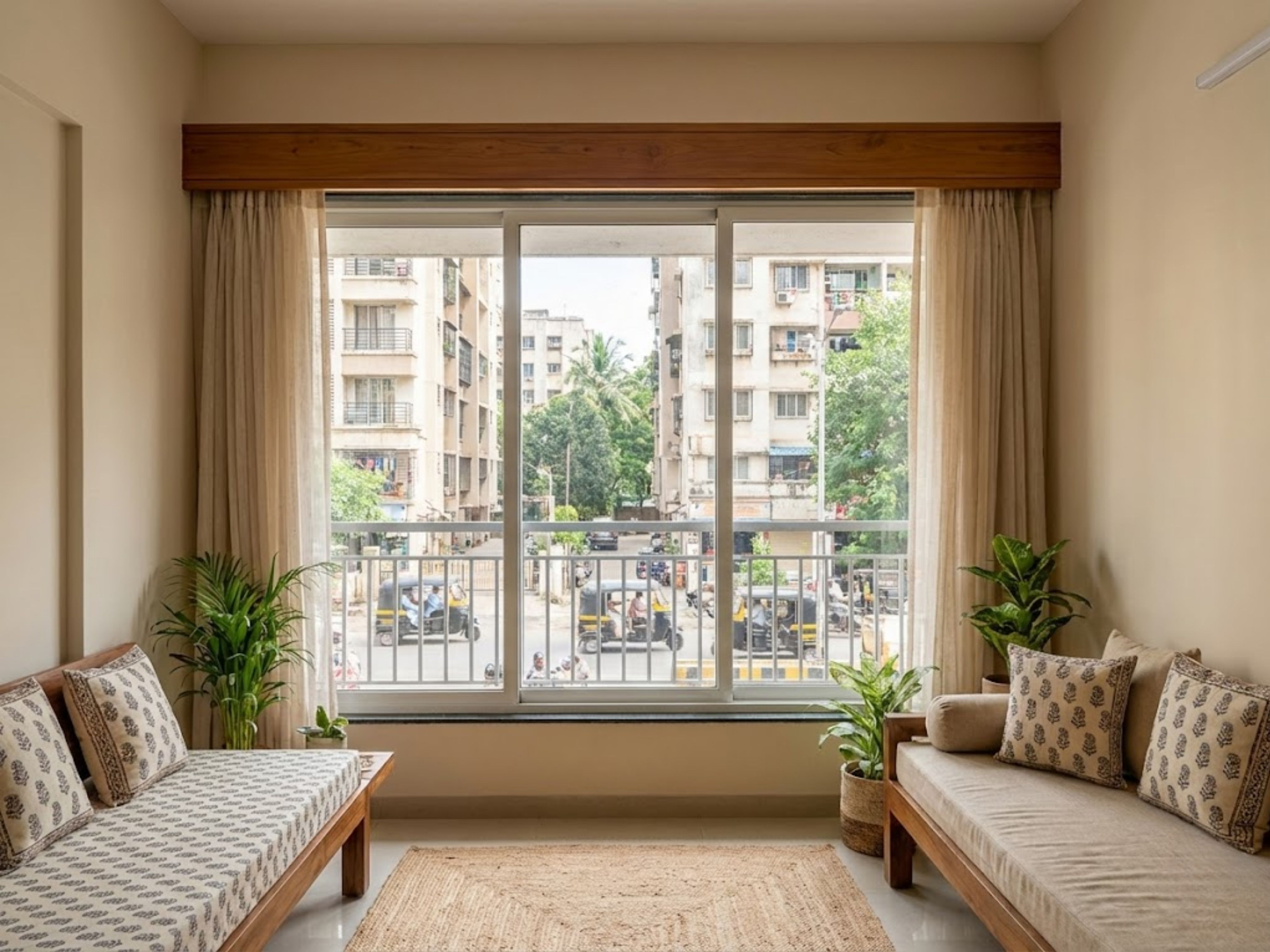 Living room with wooden sofas and natural light - Beautiful Homes