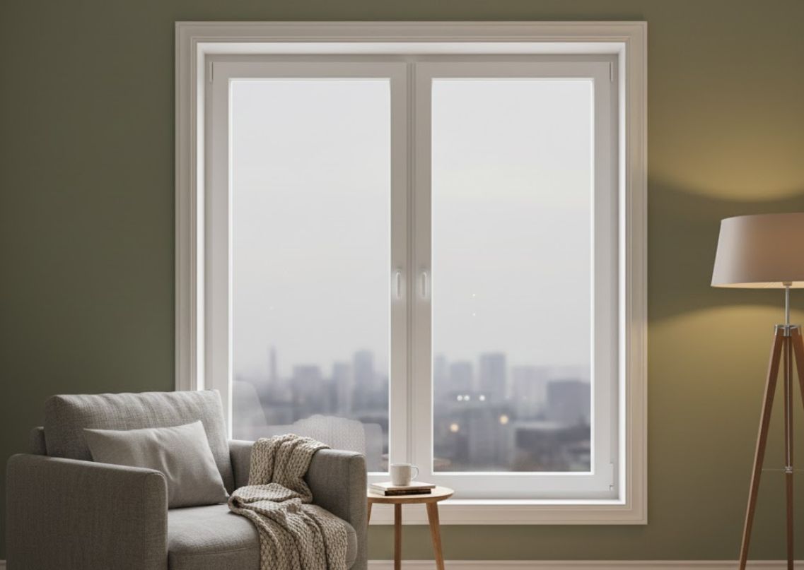 Living room with large window and grey armchair - Beautiful Homes
