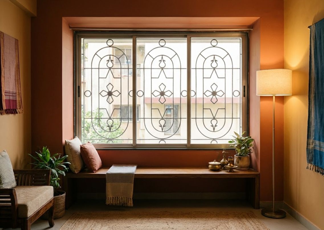 Wooden bench with cushions and brass décor items - Beautiful Homes