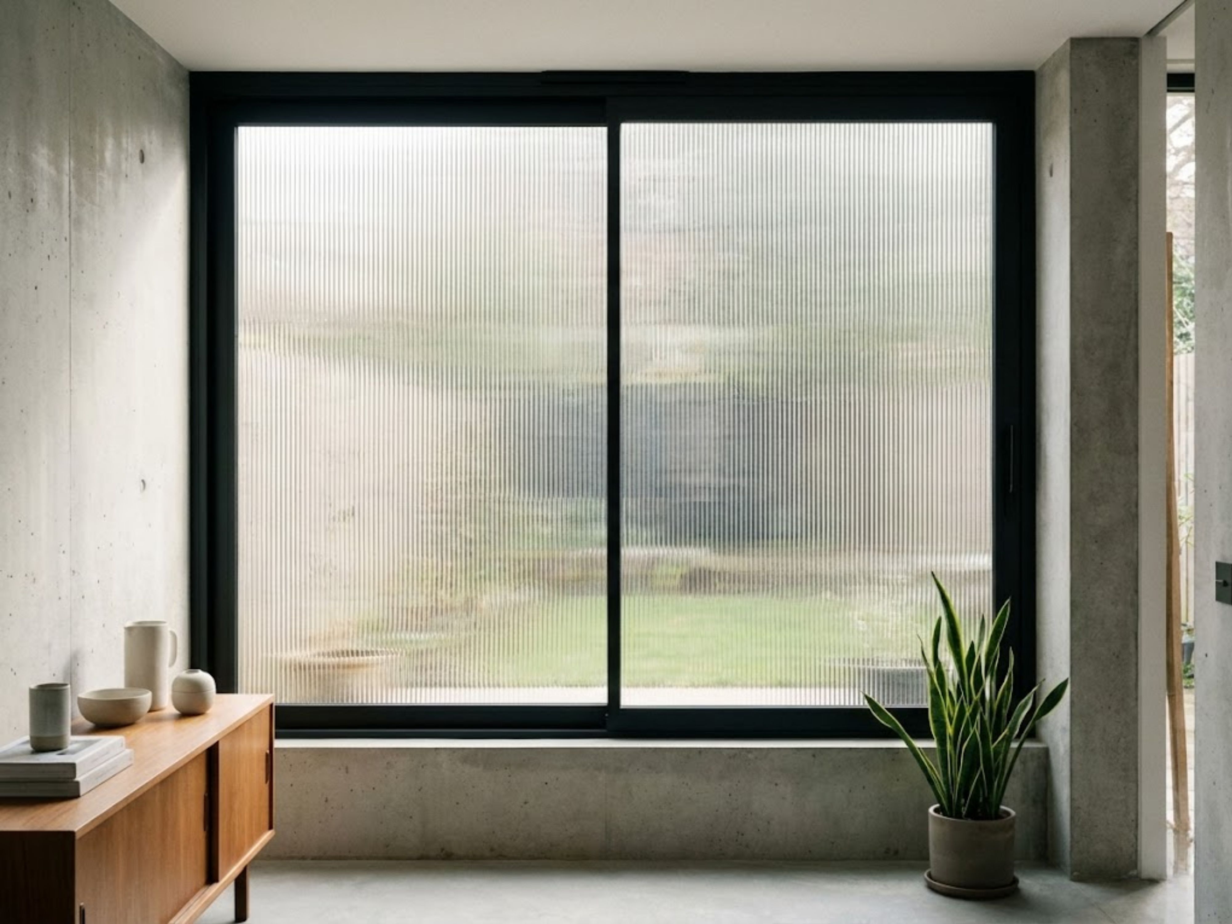 Room with frosted window, plant, and wooden cabinet - Beautiful Homes