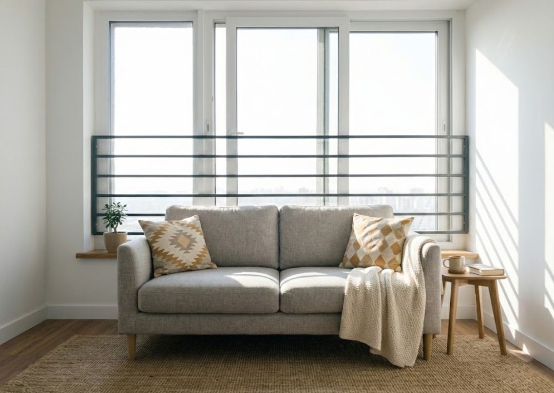 Living room with grey sofa and natural light - Beautiful Homes