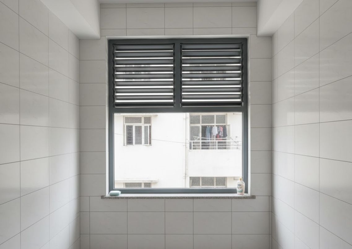 Bathroom with slatted window and white tiles - Beautiful Homes