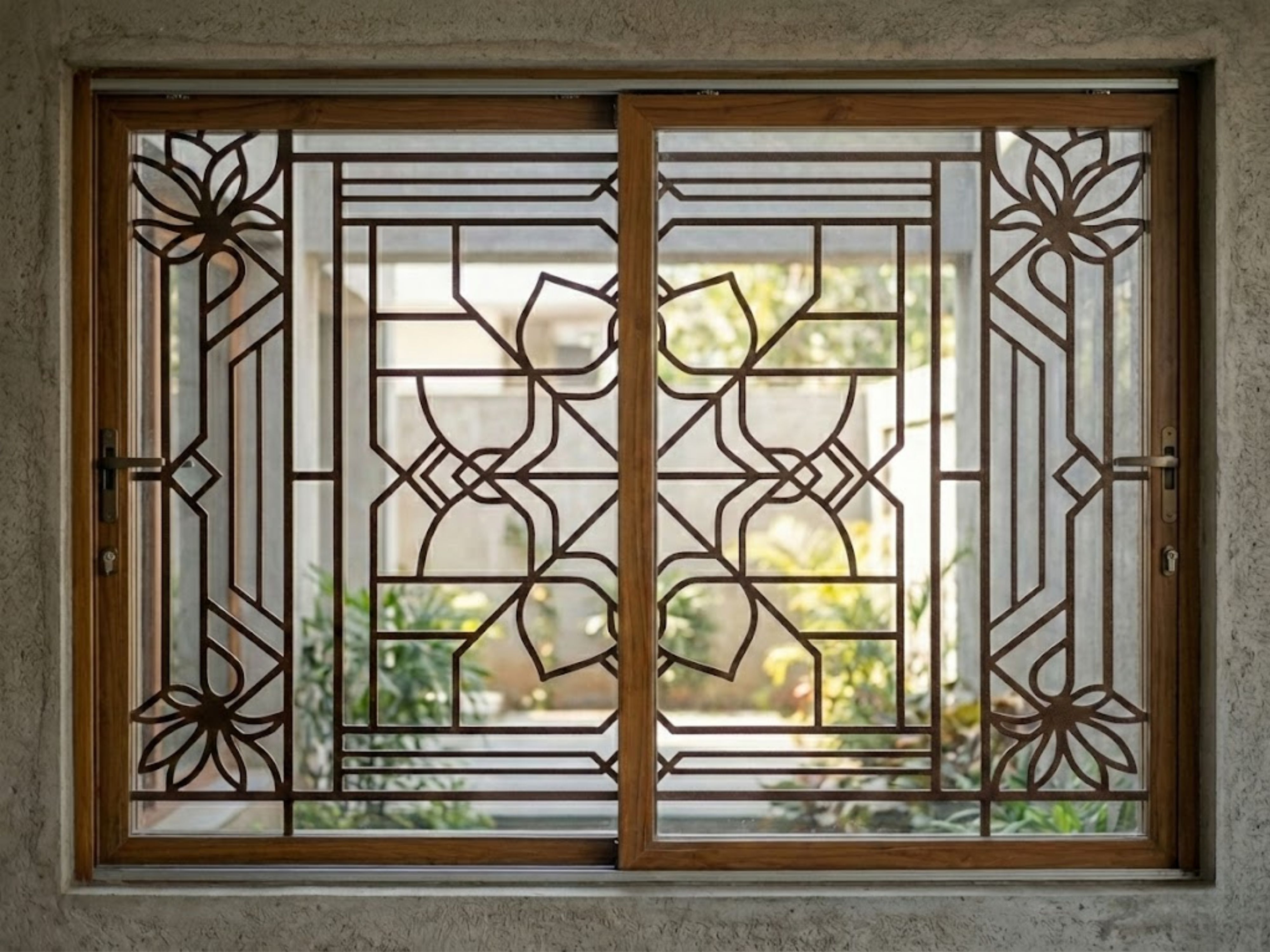 Wooden framed window with intricate metal grill - Beautiful Homes