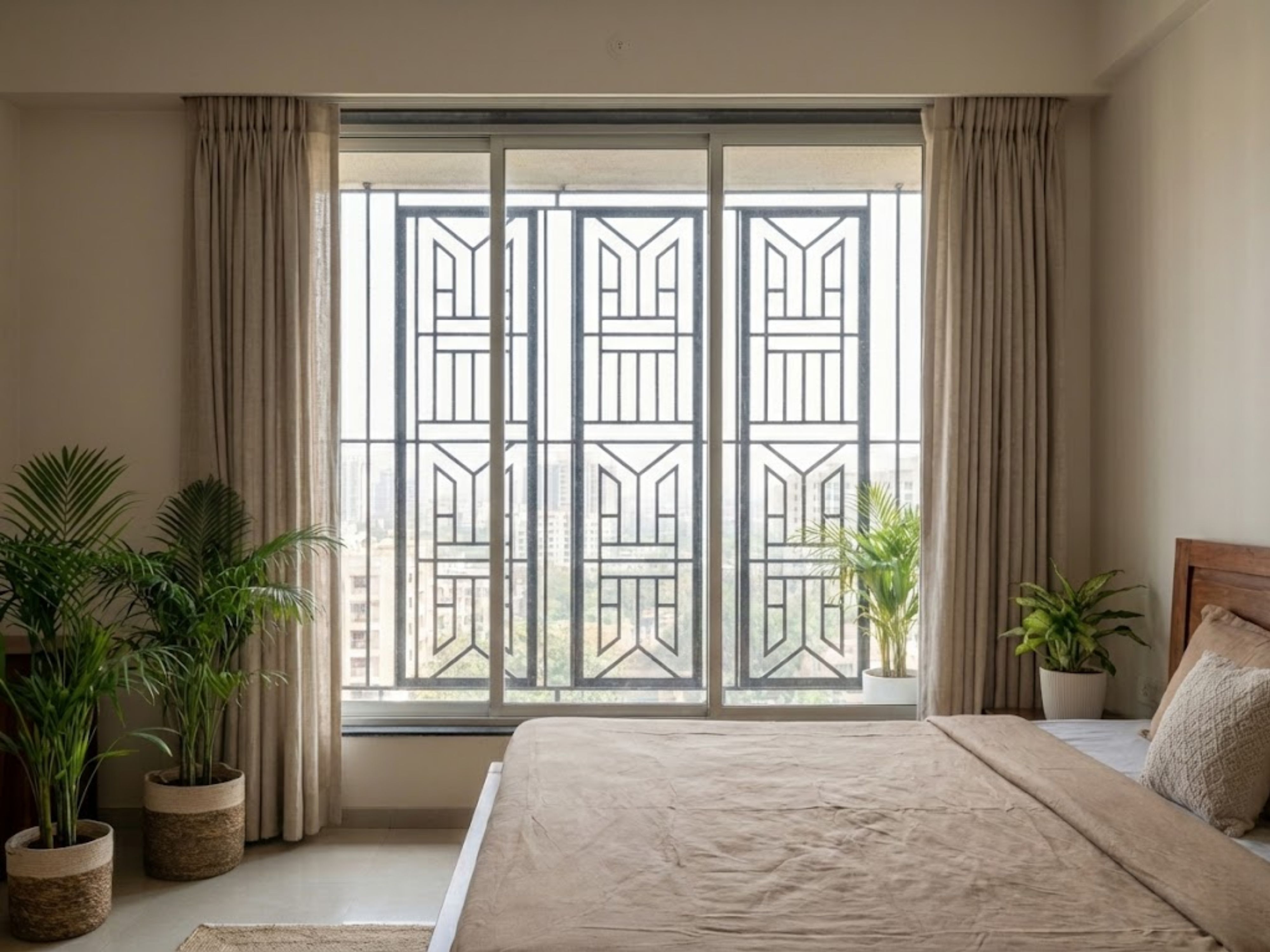 Modern bedroom with sliding doors and indoor plants - Beautiful Homes