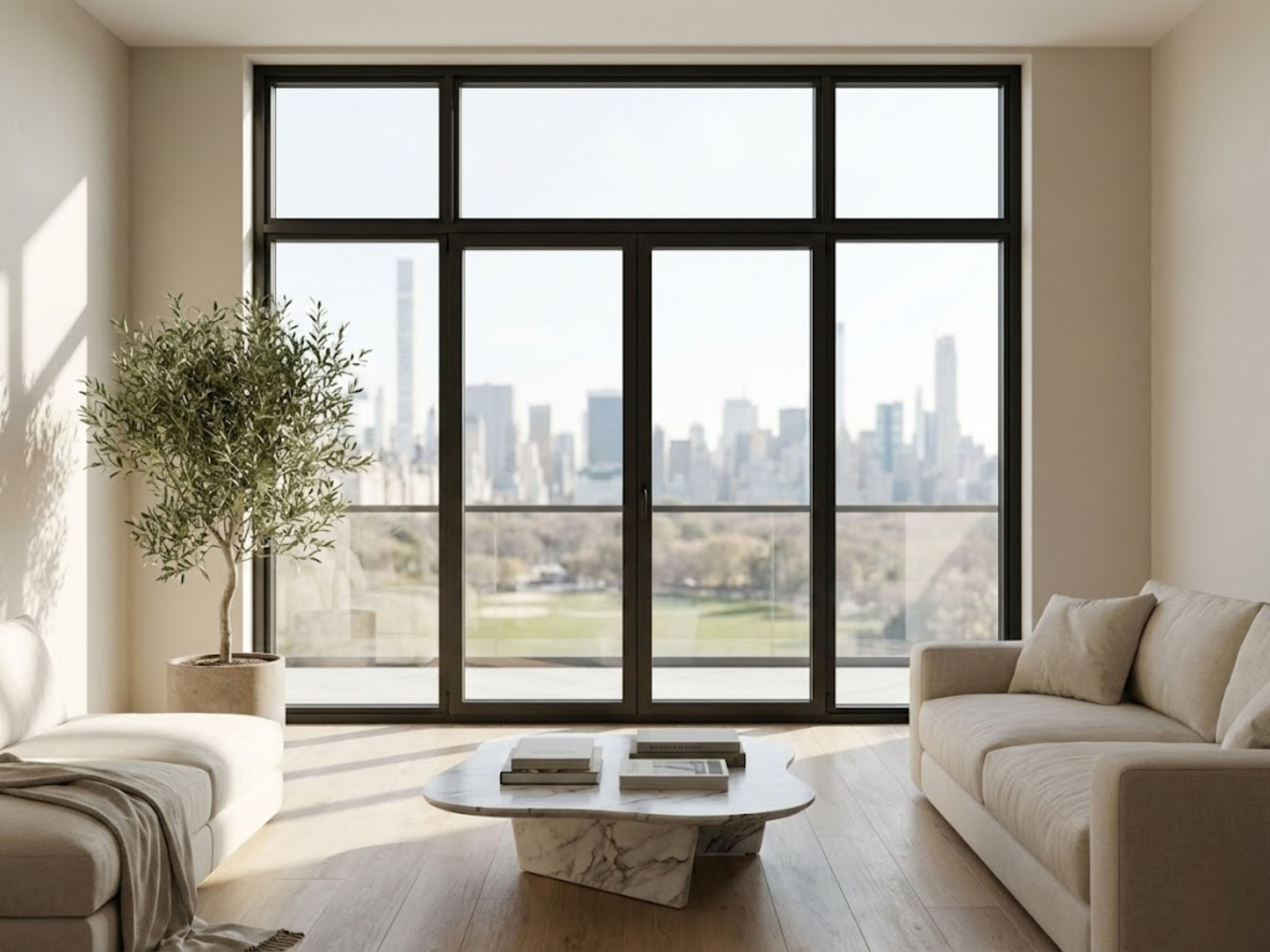 Living room with large windows and urban view - Beautiful Homes