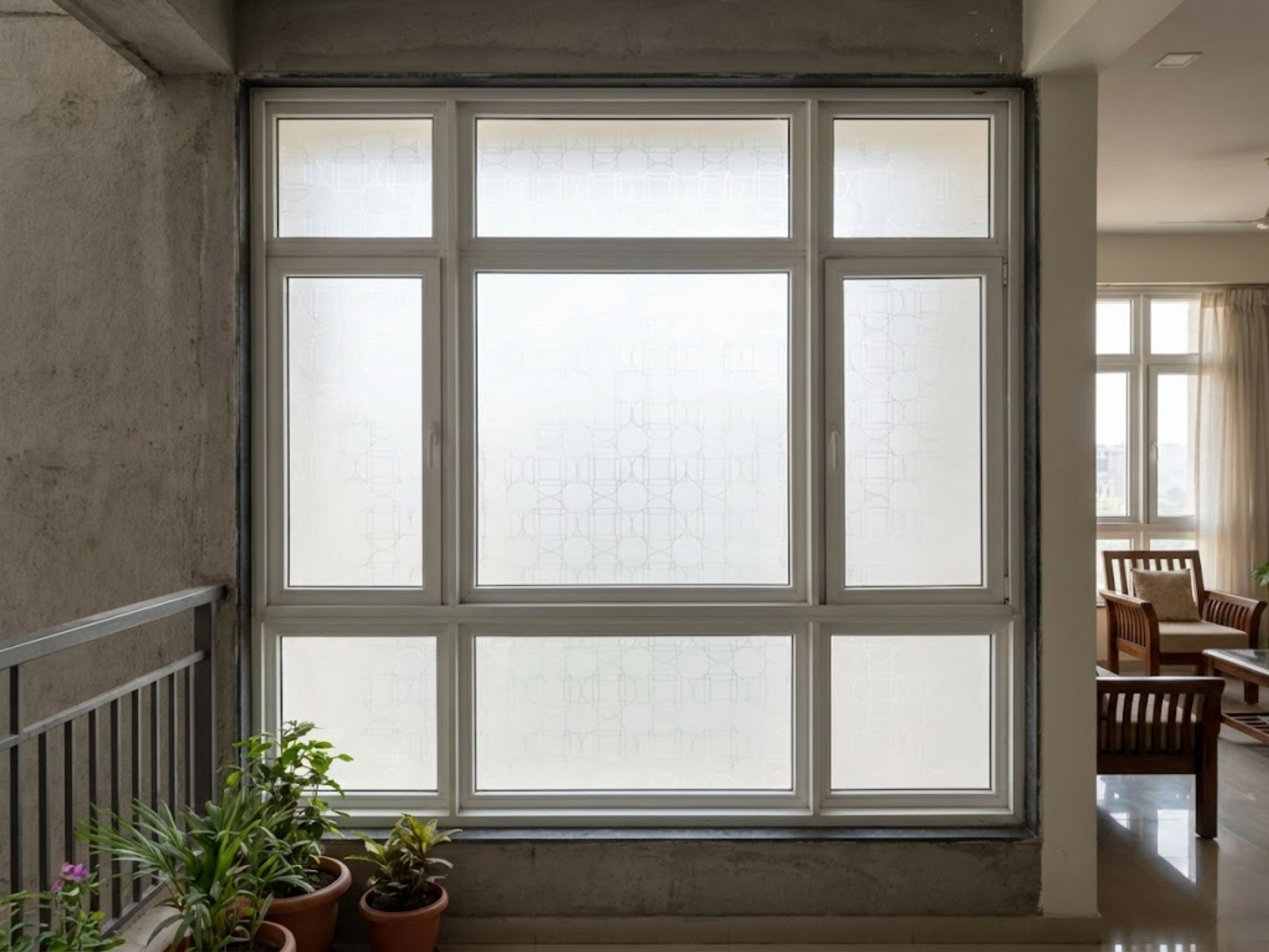 Frosted glass window with potted plants and railing - Beautiful Homes