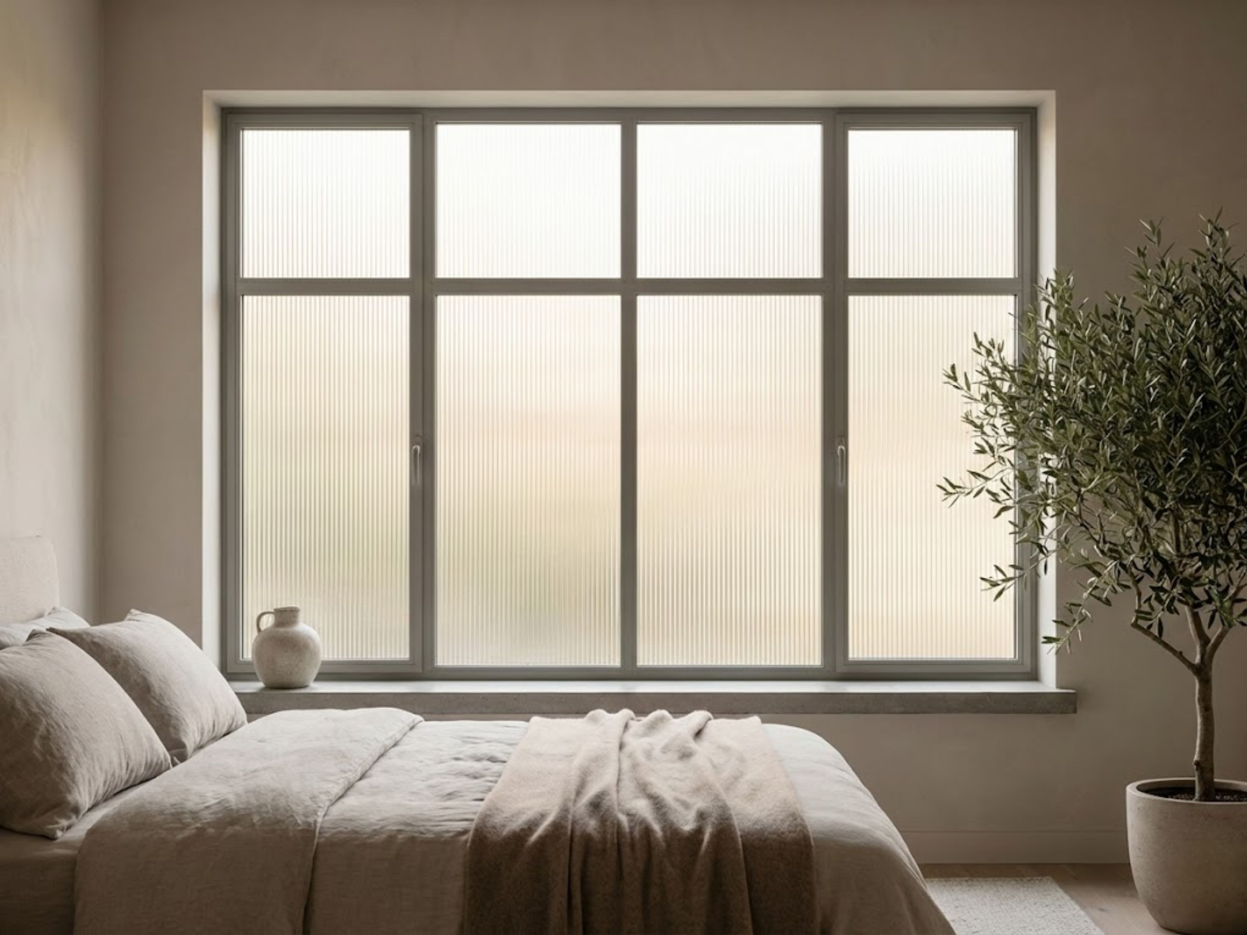 Bedroom with frosted glass window and neutral décor - Beautiful Homes