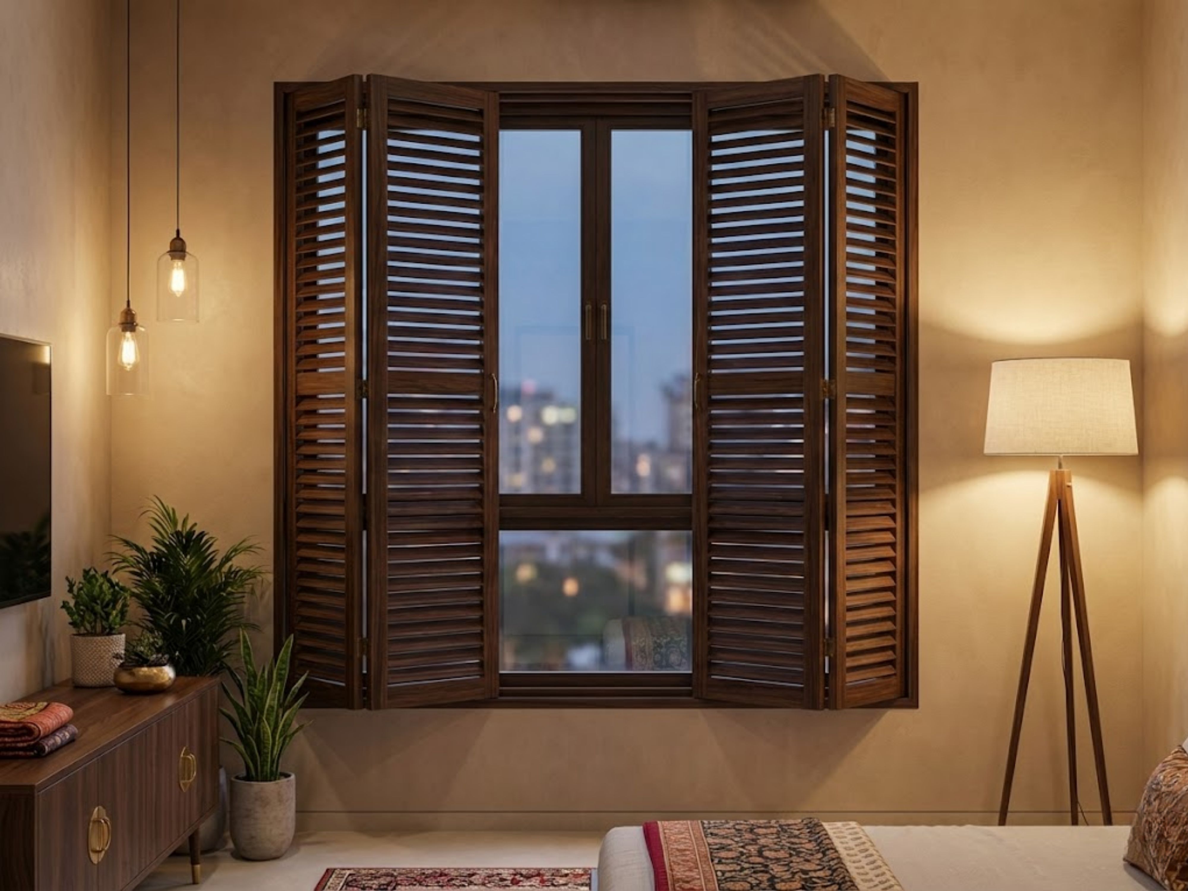 Modern bedroom with wooden shutters and soft lighting - Beautiful Homes