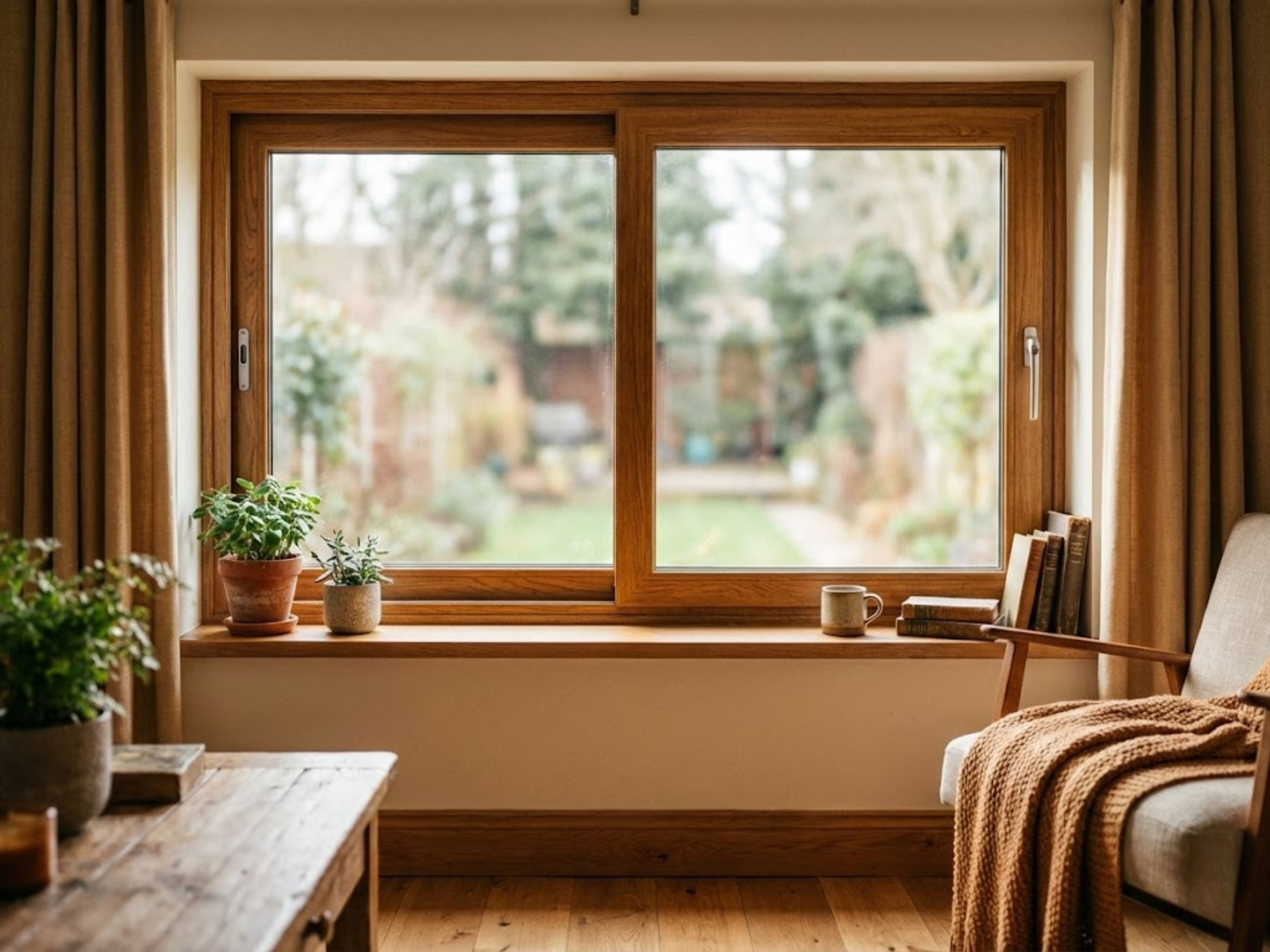 Cozy living room with wooden window and plants - Beautiful Homes