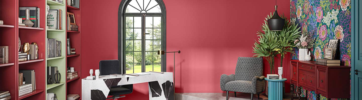 Red colour for room with abstract wall - Beautiful Homes