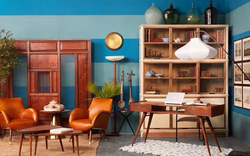 Study Cum Living Room Design Ideas With Striped Walls in Two Shades Of Blue, Leather Chairs, Centre Table and Study Table - Beautiful Homes