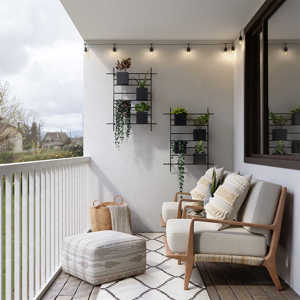 Balcony décor for small house with sofa chairs & ottoman - Beautiful Homes
