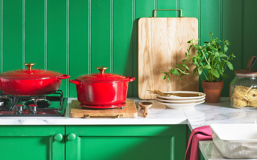Bold green colour palette in small modular kitchen - Beautiful Homes