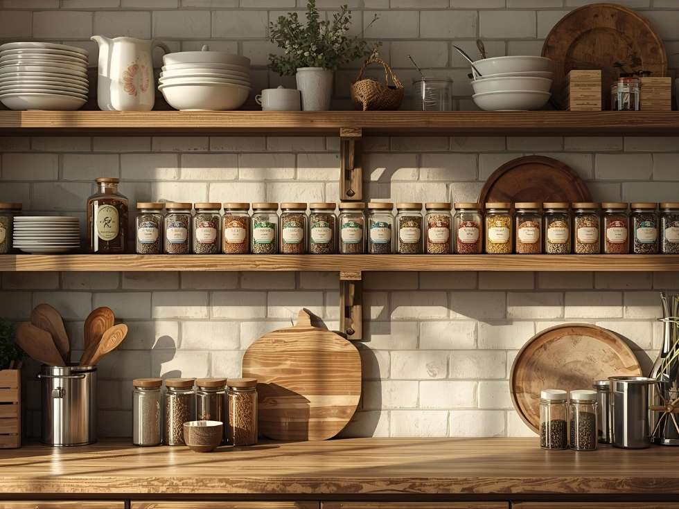 Boho wooden racks in pantry unit in modular kitchen - Beautiful Homes