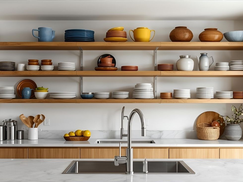 Open shelves in pantry unit in modular kitchen - Beautiful Homes