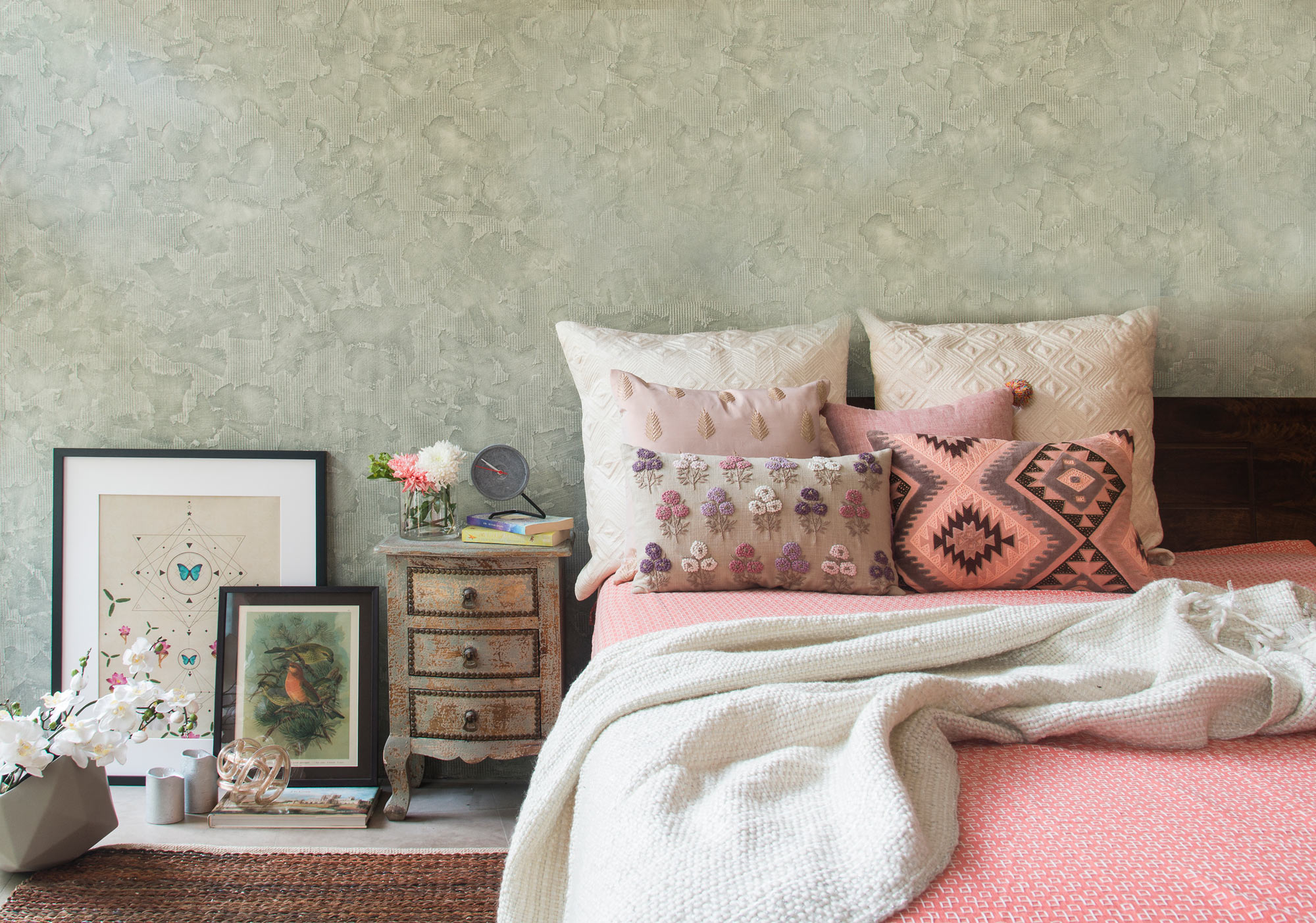 Small Bedside Table Design With Books and Fresh Flowers  - Beautiful Homes