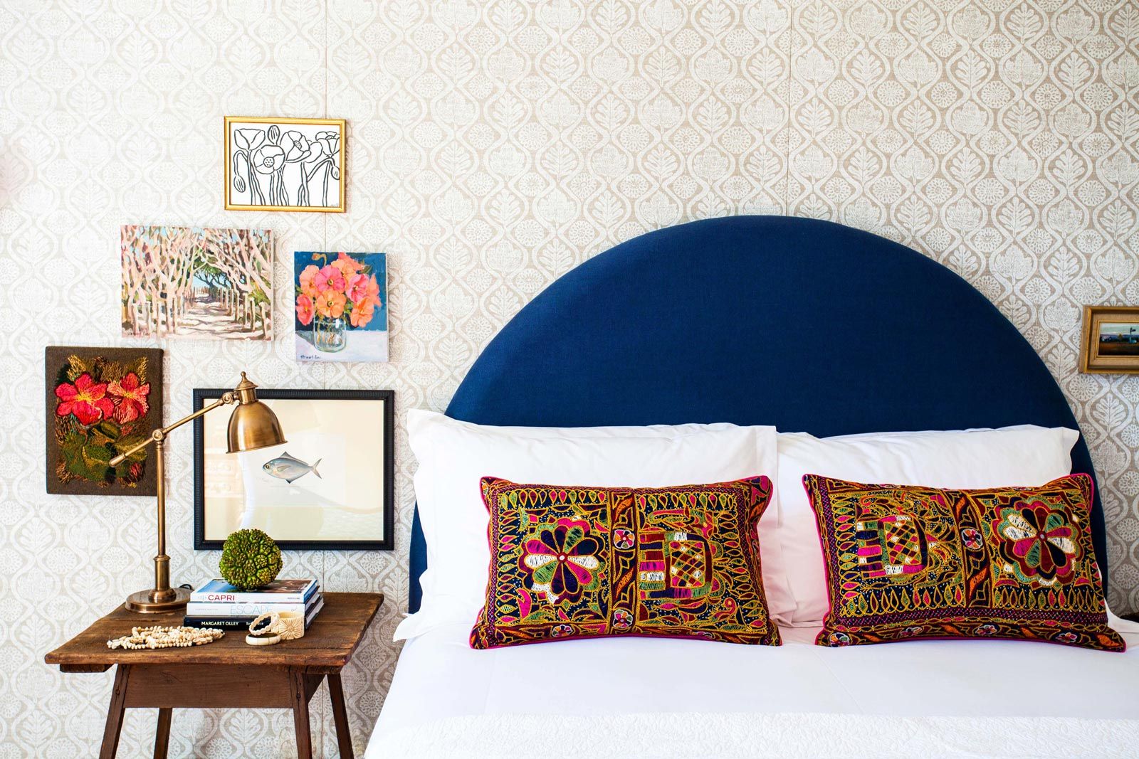 Bedside Table Design With Golden Colour Table Lamp And Wall Paper Design Behind the Bed - Beautiful Homes