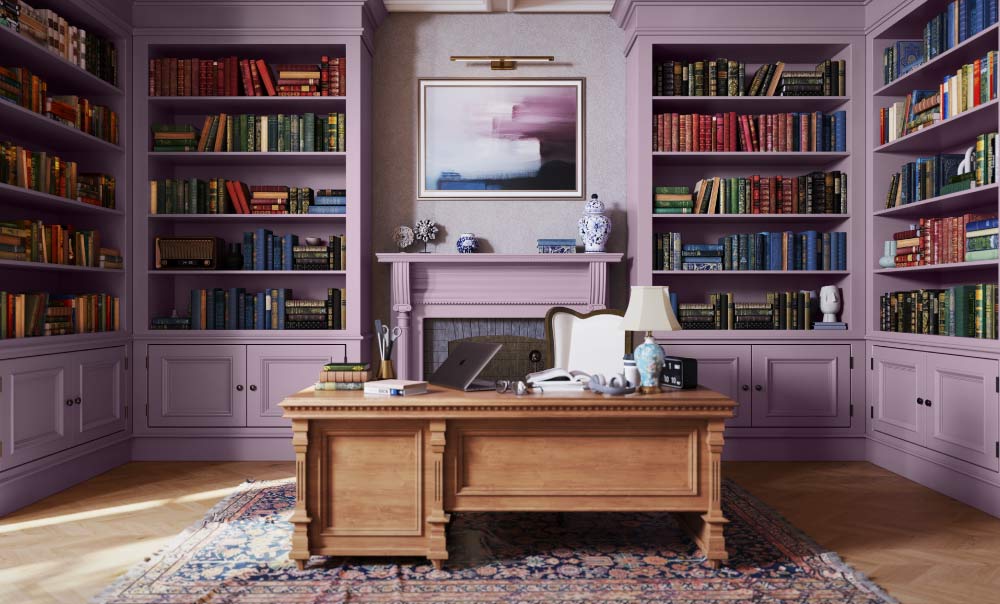 Study Room With Transcendent Pink on the Bookshelf & Fireplace - Beautiful Homes