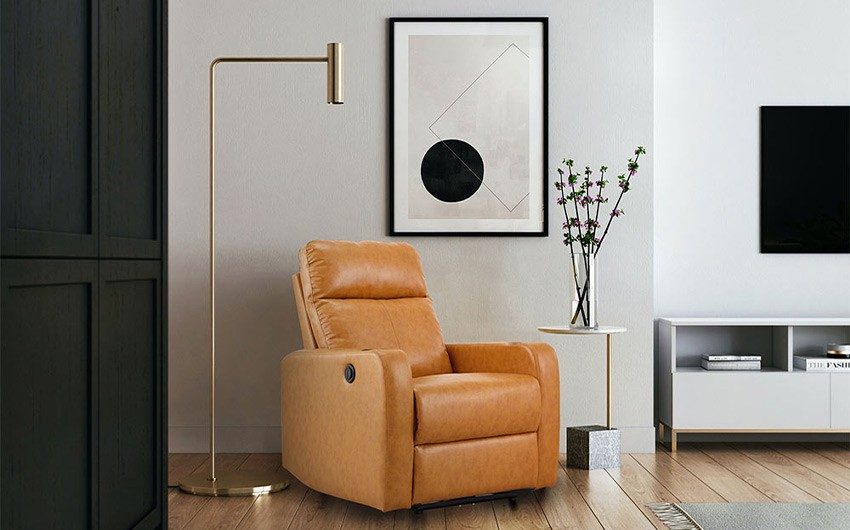 Yellow ochre recliner in living room - Beautiful Homes