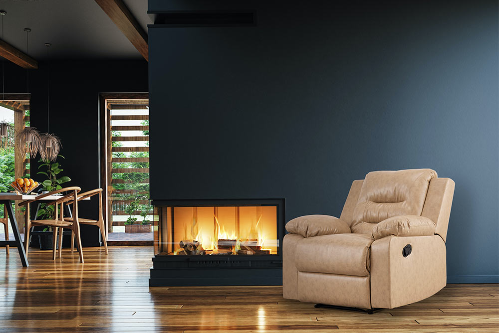 Beige leather recliner with a glass fireplace - Beautiful Homes