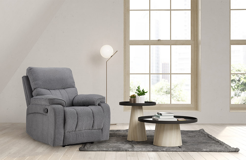 Grey recliner with coffee tables & large windows - Beautiful Homes