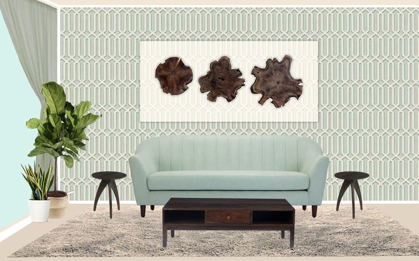 A room with a textured wall, an artwork, a sofa, a couple of side tables and two planters