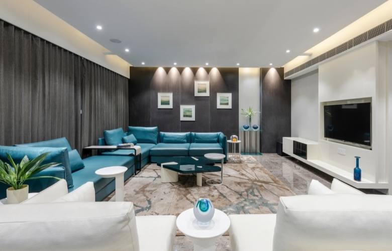 Blue & white furniture colours in the monochrome living room - Beautiful Homes