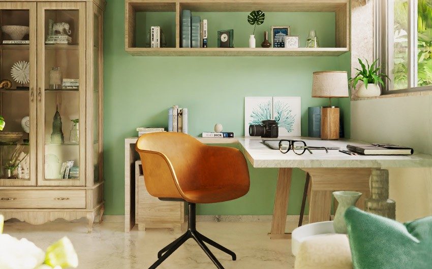 Design your green interior space with wood & tan home décor elements - Beautiful Homes