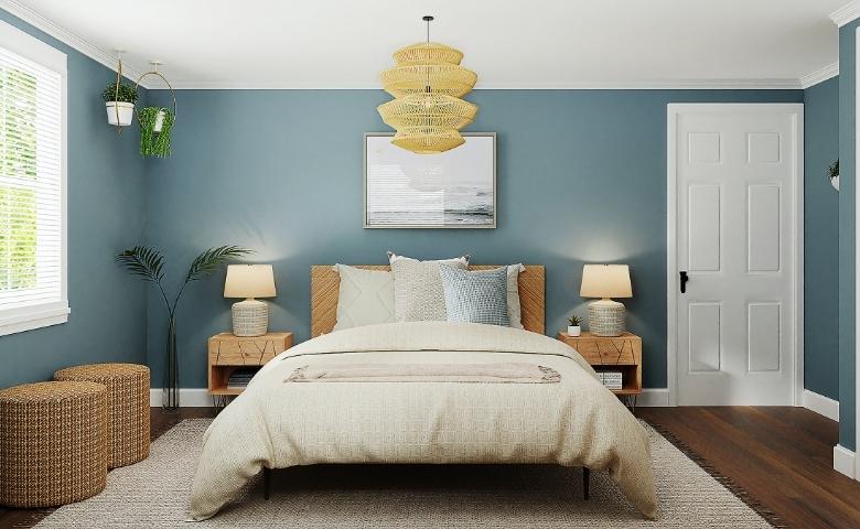 Guest room design with sea blue colour palette & chandelier - Beautiful Homes