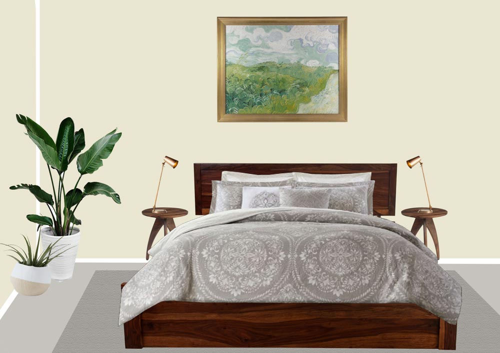 An off white bedroom with one large art print on the wall behind the bed, three planters in one corner and a couple of side tables with lamps placed on them
