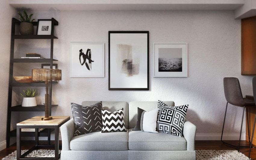 Modern living room design with ladder used shelf & patterned rug - Beautiful Homes