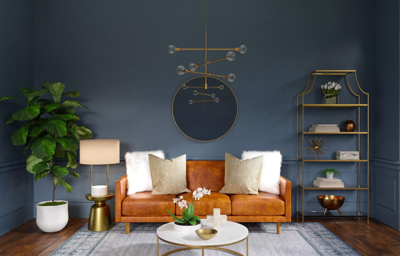 Living room décor with gold storage shelf, plants, pendant lights & bold colours - Beautiful Homes