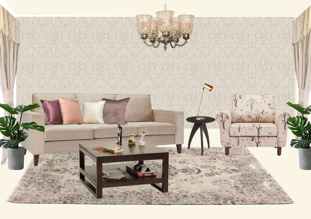 Living room with a wallpaper, a grey rug, a sofa, an armchair, wooden side table and centre table and a couple of planters