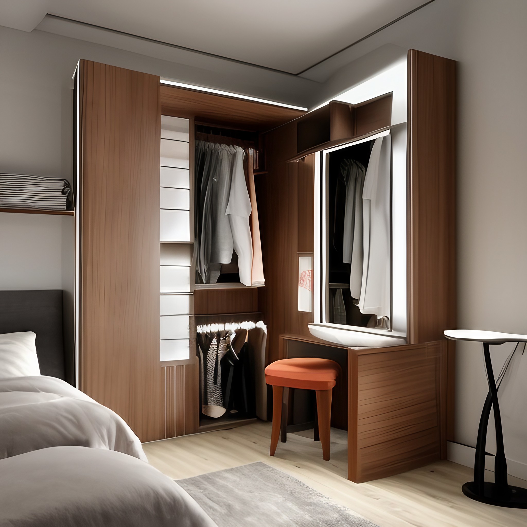 cornered sliding wardrobe with dressing table design - Beautiful Homes