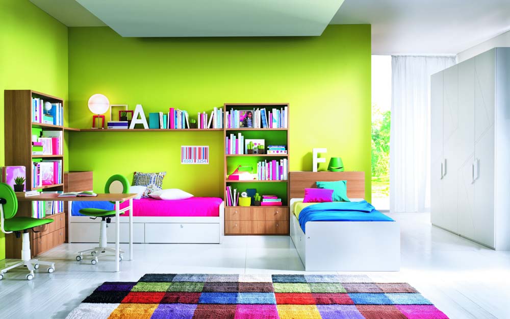 Bright green wall design for kids room - Beautiful Homes