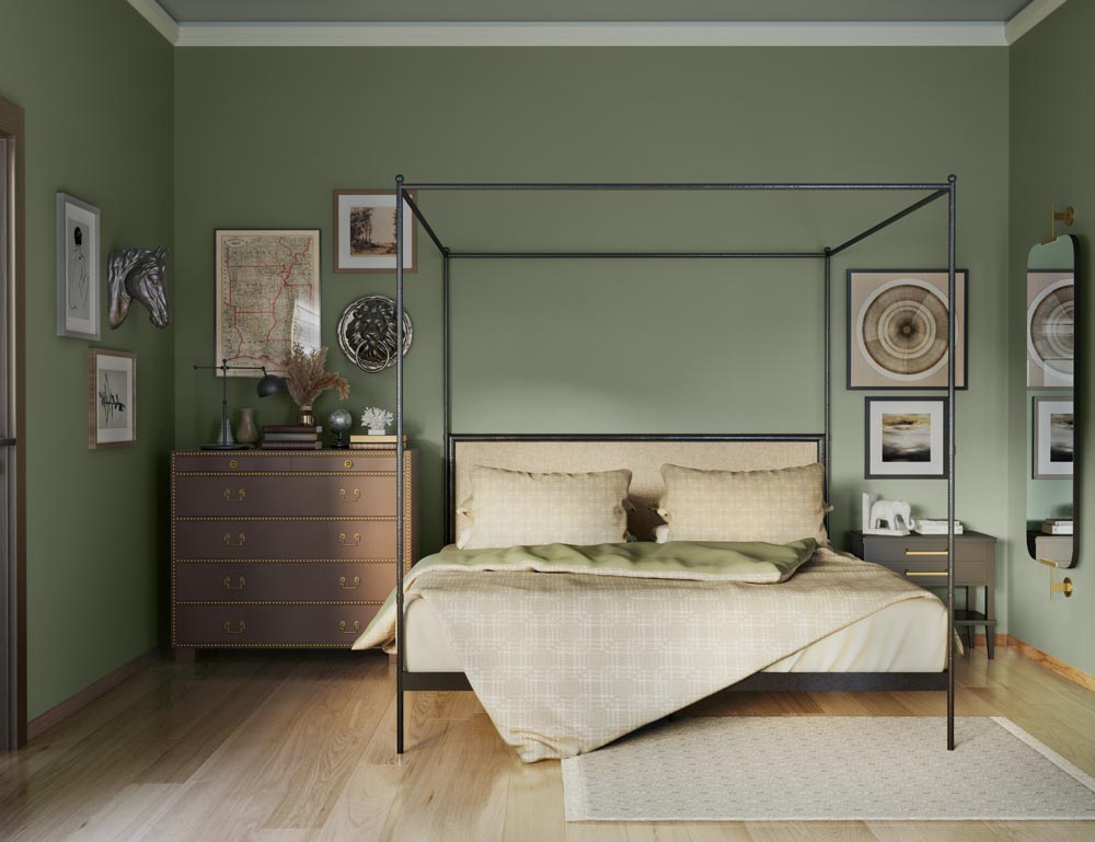 A green bedroom with a four poster bed