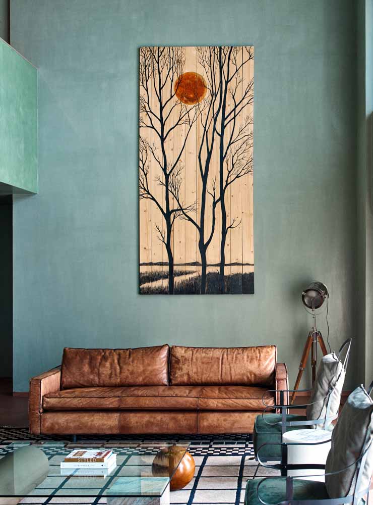 Duplex home design idea with Artwork, leather sofa & green wall paint - Beautiful Homes