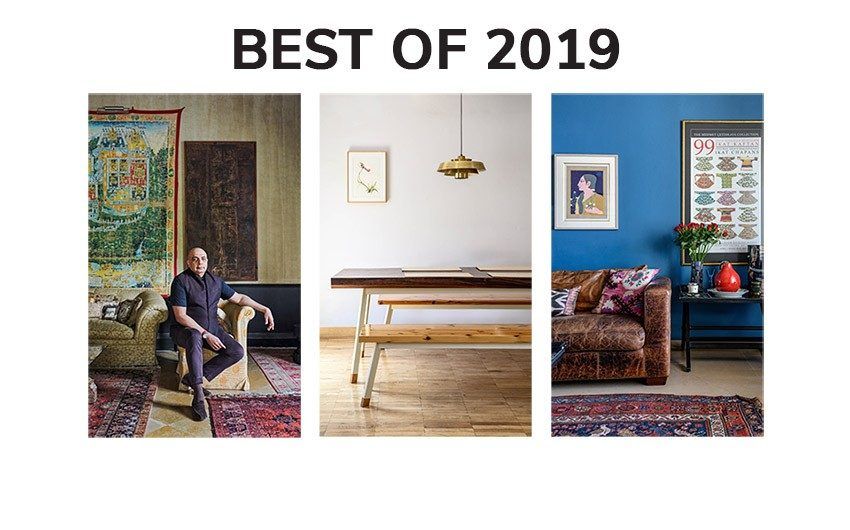 'Best of 2019' written at the top with three images of Designer Tarun tahiliani, A dining table with benches and a room with a leather sofa and blue walls next to each other placed below it - Beautiful Homes