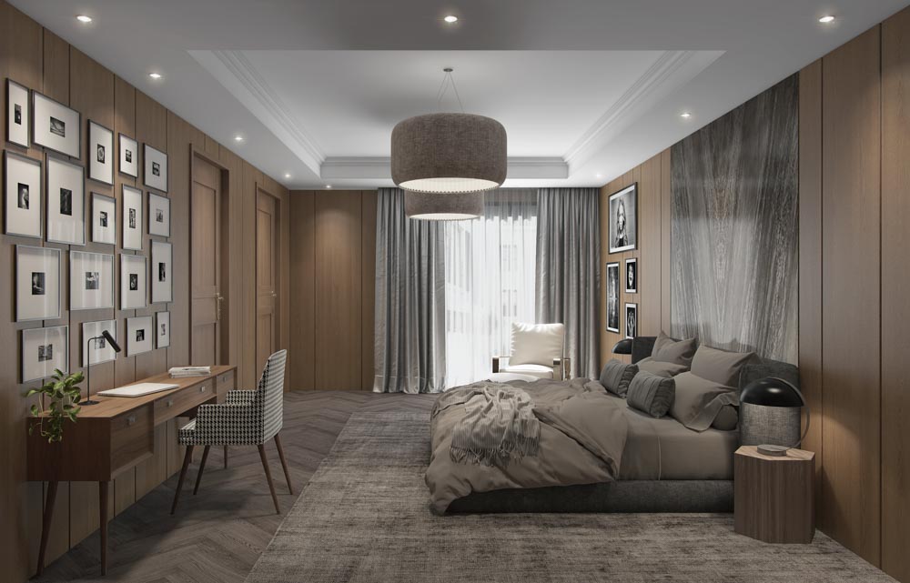 Bedroom design with white ceilings & wooden walls - Beautiful Homes