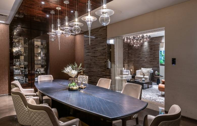 Dining room furniture with hanging glass lights - Beautiful Homes