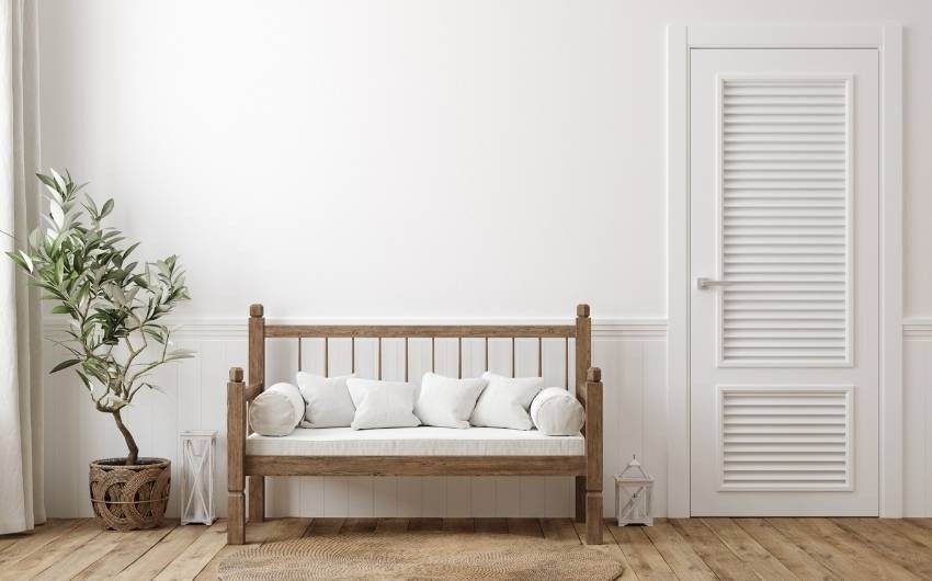 Wooden bench furniture in the room with white furnishings - Beautiful Homes