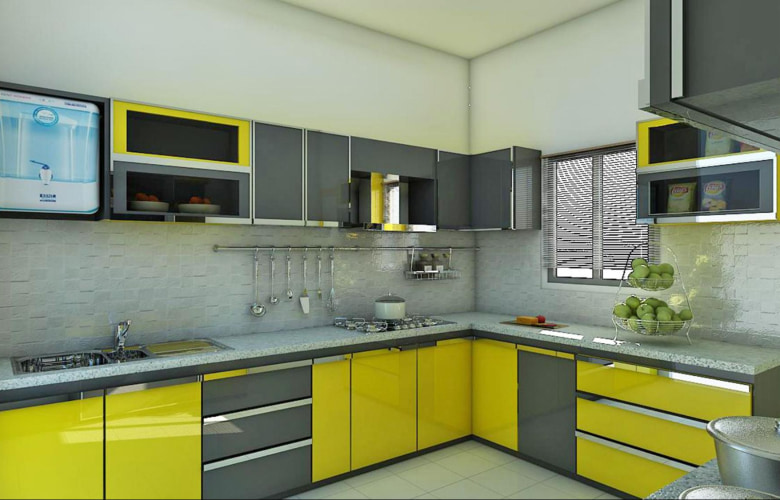 Yellow & grey laminates for your kitchen cabinet design - Beautiful Homes