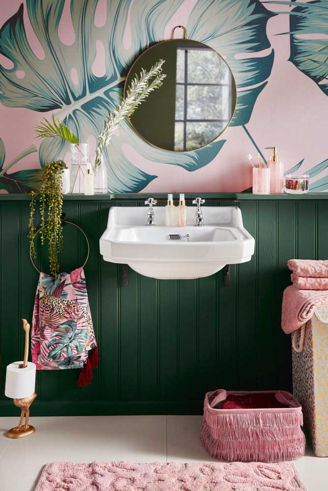 Bathroom design with large botanical prints with shades of pale pink & metallic highlights - Beautiful Homes