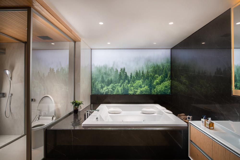 Black & white bathroom design with natural wood - Beautiful Homes