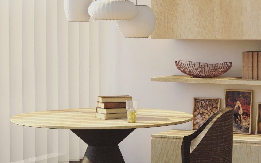 Wood accent chair with white hanging lights - Beautiful Homes
